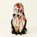 Floral satin square scarf tied as a headscarf showing elegant drape and silk-like texture - Abstract Artistic Floral / 90x90cm / Black (FH070-1#)