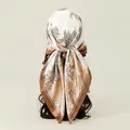 Elegant floral satin square scarf tied on long wavy hair, champagne and white design - Light Coffee (FH074-2#)