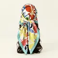 Detailed back view of a colorful floral satin square scarf styled as a fashion headscarf - Bright Large Flower Print / 90x90cm / Blue (FH070-2#)