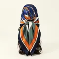 Elegant chain print satin square scarf styled as a head covering for modern women. - Navy Blue (FH071-3#)