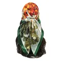 Detailed rear view of floral print satin square scarf tied as a stylish headscarf - Army Green (FH106-1#)