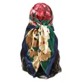Fashionable floral print satin square scarf styled as an elegant headwrap detail view - Red-Green (FH106-2#)