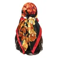 Floral print satin square scarf worn as a fashion headscarf on a model back view - Black-Orange (FH106-3#)