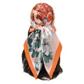 Back view of a satin square scarf with orange floral prints tied as a headscarf - White-Orange (FH106-4#)