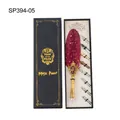 Vintage burgundy feather quill pen set with 8 nibs in elegant black gift box - Gold-Flecked Wine Red