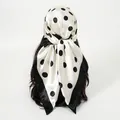 Detailed back view of a white satin square scarf with black polka dots and border. - 90*90cm / White