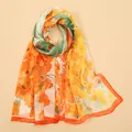 Detailed view of lightweight georgette scarf with vibrant orange floral print. - Vibrant Floral Print Style (XQ487-3)