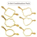 Set de 6 moldes metálicos dorados para sellos de lacre con mangos decorados y formas variadas - Juego Combinado de 6 Piezas / Incluye Redondo/Cuadrado/Corazón/Hexágono/Flor/Trébol