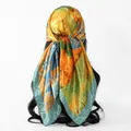 Detail showing a stylish oil painting print satin square scarf tied on a mannequin head from behind - 70*70cm / FH173-01# Haze Blue