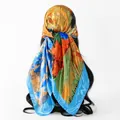 Back view of artistic oil painting print satin square scarf tied on mannequin hair - 70*70cm / FH173-02# Blue