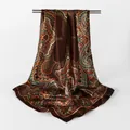 Elegant brown paisley print square scarf crafted in premium silk-like satin material - Coffee / 90x90cm