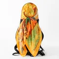 Back view of a satin square scarf with an artistic oil painting print on a mannequin - 70*70cm / FH173-03# Yellow