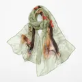Écharpe georgette imprimée florale verte pour femmes, accessoire de mode long et chic. - Vert