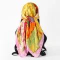 Detailed close-up of a satin square scarf featuring a colorful oil painting print design - 70*70cm / FH173-04# Pink