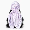 Detailed back view of white satin square scarf with cherry and paisley patterns on hair - 70*70cm / FH167-03# Light Purple