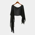 Elegant and lightweight black sheer chiffon shawl displayed on a wooden hanger - Black