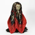 Detailed view of a back-tied faux silk square scarf with vintage baroque and paisley patterns. - 70*70cm / FH176-01# Black