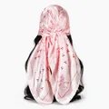 Detailed view of a pink satin square scarf with paisley and cherry print for women. - 70*70cm / FH167-04# Pink