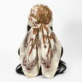 Detailed macro view of a large champagne satin silk-like scarf with baroque pattern - 70*70cm / FH176-02# Beige