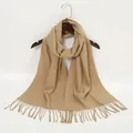 Detailed close-up of a camel-colored cashmere-like scarf with elegant fringe tassels - Camel (YR098-4)