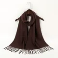 Close-up of a dark brown imitation cashmere scarf with elegant fringe detail - Coffee (YR098-3)