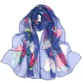 Macro view of blue floral print chiffon scarf with lightweight translucent texture - Flower Print Style (QQ001-5)