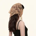Detailed back view of a French vintage floral lace triangular headscarf for women - 94*32cm / Brown