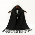 Elegant black solid color cashmere-like scarf with fringe details for autumn and winter - YR098-1# Black