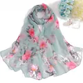 Elegant light green georgette scarf with pink floral print for spring fashion beach - Floral Print Style (PY013-8)