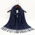 Elegant navy blue cashmere-like scarf shawl with fringe details for autumn and winter warmth - Navy Blue (YR098-2)