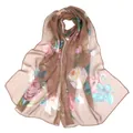 Elegant floral print chiffon scarf for women, lightweight Georgette fabric in brown tone - Flower Print Style (QQ001-7)