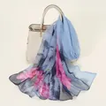 Light blue chiffon scarf with pink floral print, elegant accessory for summer beach - Floral Print Style (YSY071-1)