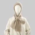 Close-up of beige fuzzy knitted balaclava hood and scarf for winter warmth - Oatmeal Style (KH102-1) / Oatmeal