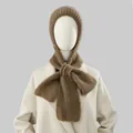 Detailed view of brown squirrel velvet knitted hooded scarf with bow for winter warmth - Khaki Style (KH102-2) / Khaki