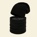 Stylish black knitted beanie hat and neck warmer set with thick warm fleece lining - 1# Black