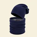 Premium navy blue winter knit beanie hat and neck warmer set with warm plush lining - 4# Navy Blue
