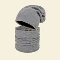 Winter gray knitted beanie hat and matching neck warmer set with thick fleece lining - Scarf and Hat Set / Grey Marble