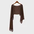 Elegant dark brown sheer chiffon shawl bolero for women with graceful draped sleeves - Coffee