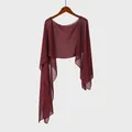 Elegant burgundy solid color chiffon shawl cape for women with round neck design - Burgundy
