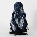 Detailed view of navy silk square scarf with white polka dots and paisley pattern - 90*90cm / FH192-2 - Navy Blue