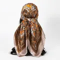 Detailed back view of a satin square scarf featuring orange paisley flower pattern - 70*70cm / FH175-03# Orange