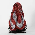 Detail of red silk square scarf with white polka dots and paisley borders tied on head - 90*90cm / FH192-3 - Wine Red