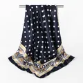 Elegant navy blue polka dot satin square scarf with chic gold border for women fashion. - Navy Blue / 90x90cm