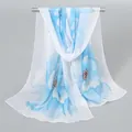 Elegant lightweight chiffon scarf with light blue floral print on a grey background. - 150x50cm / White Base Blue Floral (XQ001-2#)
