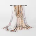 Elegante ivoorwitte lange sjaal van georgette met vintage bloemenprint voor dames - 160x50cm / Beige (QQ017-3)