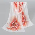 Elegant white chiffon scarf with vibrant red and orange floral lotus print design - 150x50cm / Snow Bud (XQ001-9#)