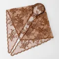 Elegant brown embroidered lace triangle headscarf with attached headband for women's hair - 55x60cm / Dark Coffee