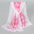 Elegant white chiffon scarf featuring large pink lotus floral print for women fashion - 150x50cm / White Rose Red (XQ001-3#)