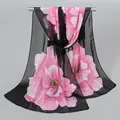 Elegant black chiffon scarf featuring large pink lotus floral prints for women's style - 150x50cm / Black (XQ001-1#)