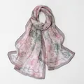 Floral georgette scarf shawl with elegant pink and green botanical print - 160*50cm / Pink-Green